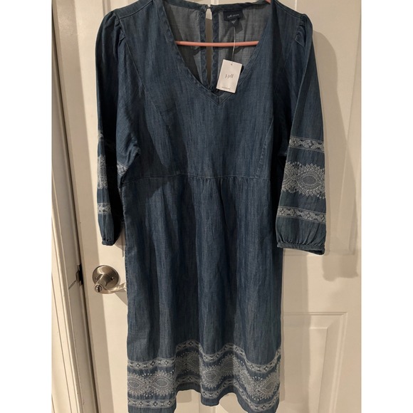 J. Jill Dresses & Skirts - J Jill Embroidered Denim Dress Blue 3/4 Sleeve Casual Boho Chic Sz Small